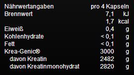 Nährwerte und Zutaten Weider Maximum Krea-Genic (240 Stück, Kapseln, 240 g)