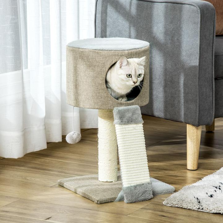 Produktbild PawHut Kratzbaum mit Katzenkasten (50 cm, Grau)