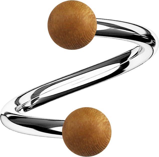 Star Piercing Spirale silber mit zwei Kugeln aus Teakholz (Organisch, Chirurgenstahl 316L, ohne Messing)