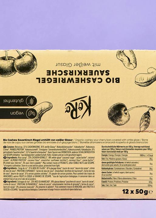 Produktbild KoRo Bio Cashew Sauerkirsch Riegel umhüllt von weisser Glasur (12 Stk., 50 g)