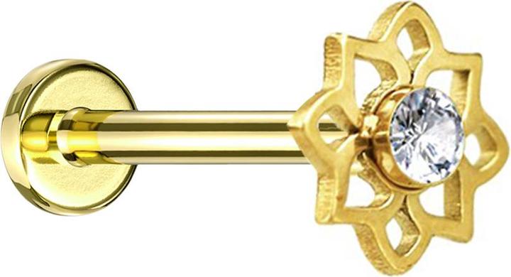 Star Piercing Micro Labret Innengewinde vergoldet Blume Kristall silber (Chirurgenstahl 316L, ohne Messing)