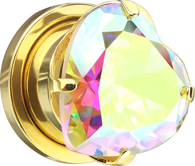 Star Piercing Flesh Plug vergoldet mit Herz Kristall multicolor (ohne Messing, Chirurgenstahl 316L)