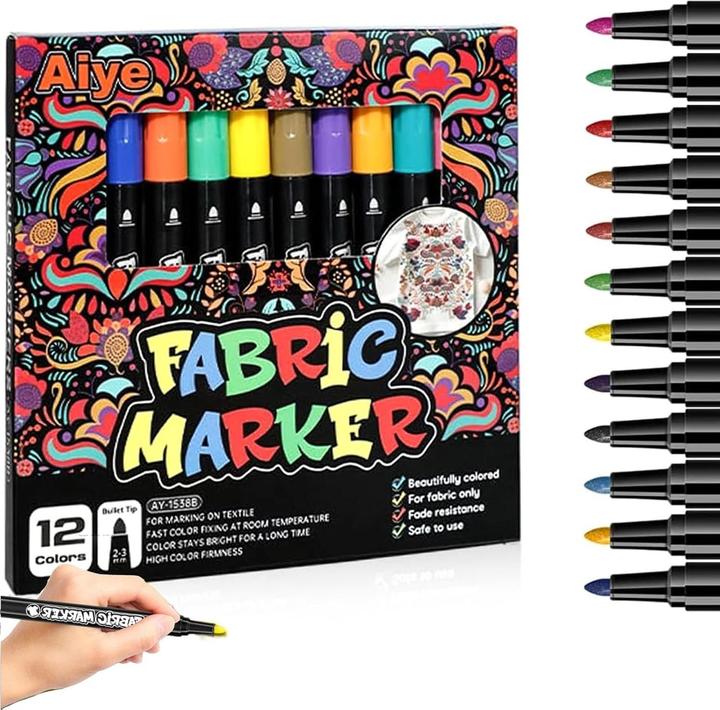 Produktbild The Toy Company Textilstifte 12 Farben – Waschmaschinenfest & leuchtend – für Stoffe (Mehrfarbig, 12 x)