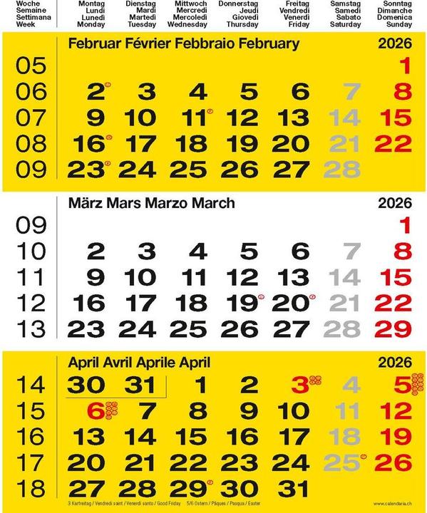 Produktbild 3-Monats-Kalender gelb 2026 (31 x 40 cm, Französisch, Deutsch)