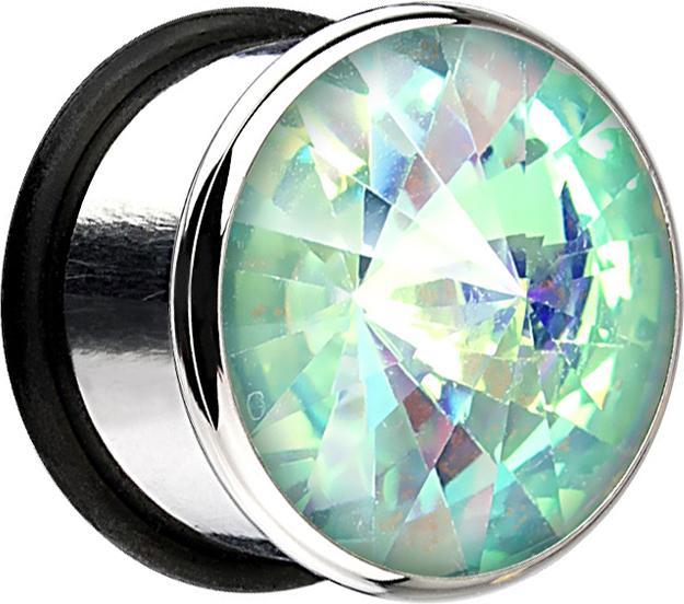 Star Piercing Flared Plug mit grossem Kristall aqua (ohne Messing, Chirurgenstahl 316L)