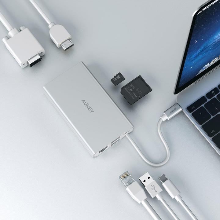 Actual product image Aukey CB-C55 Multiport -C Hub Silver (USB-C, 6 ports)