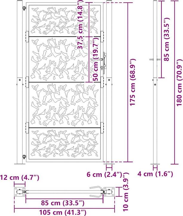 Produktbild VidaXL Gartentor 105x180 cm Wetterfester Stahl Blatt-Design Zauntor