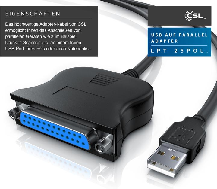 Immagine prodotto CSL Adattatore da USB A a parallela LPT 25 pin - D-SUB DE 25 a USB tipo A, 90 cm, cavo stampante, cavo (1 m, Parallelo (stampante))