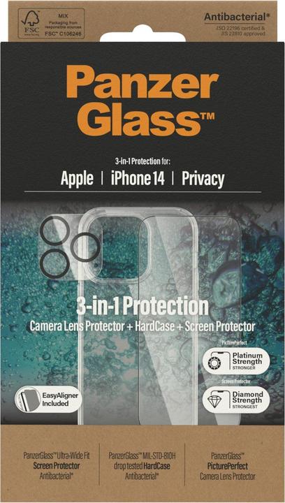 Produktbild PanzerGlass 3 in 1 Privacy Schutzset (1 Stück, Apple iPhone 14)