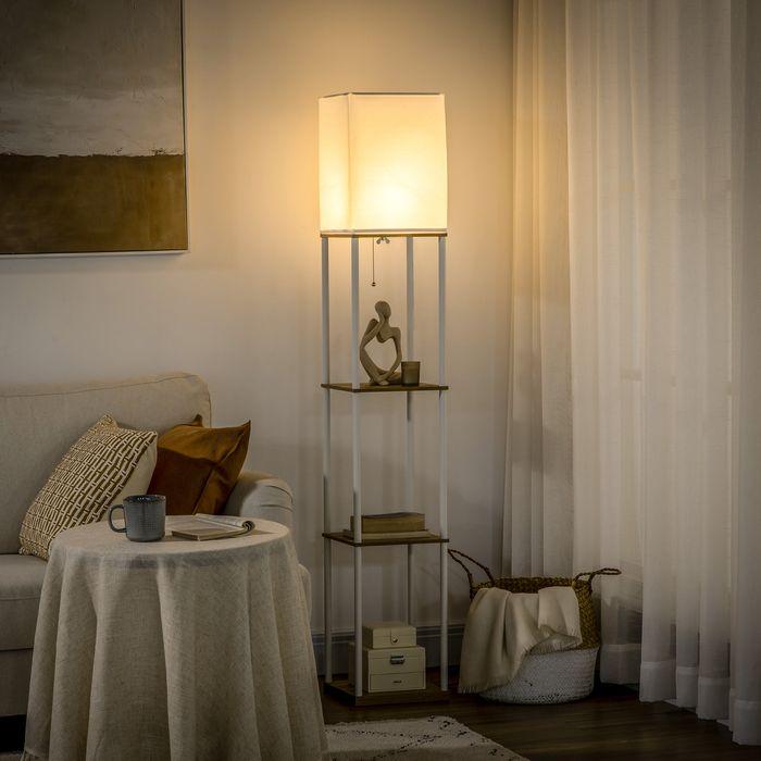 Produktbild Swisshandel24 Standleuchte, Deckenfluter, mit Regalen, Metallrahmen, Stoffschirm, 26x26x159cm, Weiss/Braun (E27)