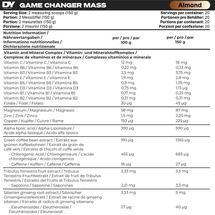 Valori nutrizionali e ingredienti DY Nutrition Cambiamento di massa (Mandorle, 1 pz., 3000 g)