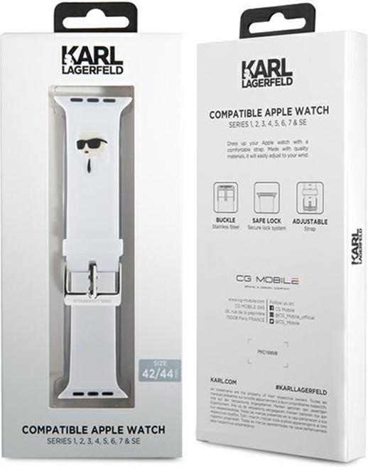 Produktbild Karl Lagerfeld Pasek KLAWLSLKNH Apple Watch 42/44/45mm biały/white strap 3D Rubber Karl Head (42 mm, 44 mm, 45 mm, Stahl, Silikon)