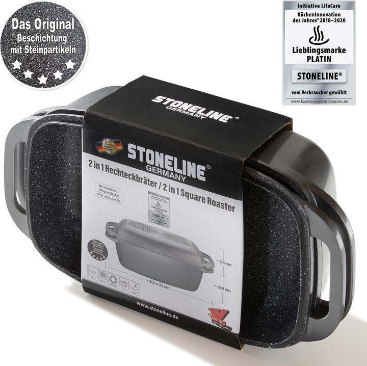 Produktbild Stoneline Bräter 40 x 22 cm mit Deckel, Backofen und Induktion geeignet, Antihaftbeschichtung, grau (Bräter + Schmortopf, Aluminium)