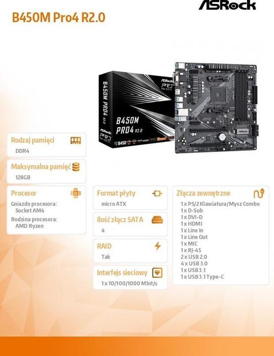 Image du produit AsRock Carte mère B450M Pro4 2.0 (AM4, AMD B450, mATX)