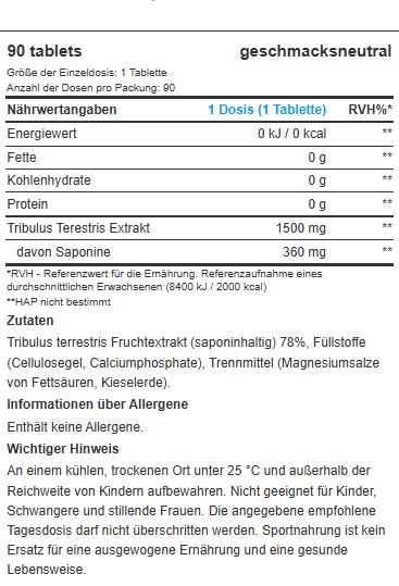 Nutritional values and ingredients Biotech USA Tribulus Maximus (90 Piece, Pills)