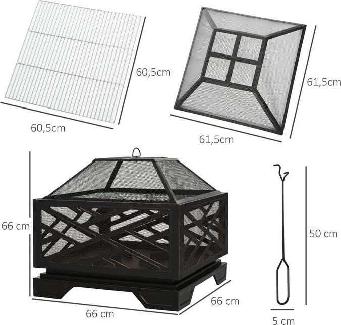 Produktbild Swisshandel24 Feuerschale mit Funkenschutz, Feuerkorb mit Grillrost & Schürhaken, 2-in-1 BBQ Grill, Metall, Schwar (66 cm)