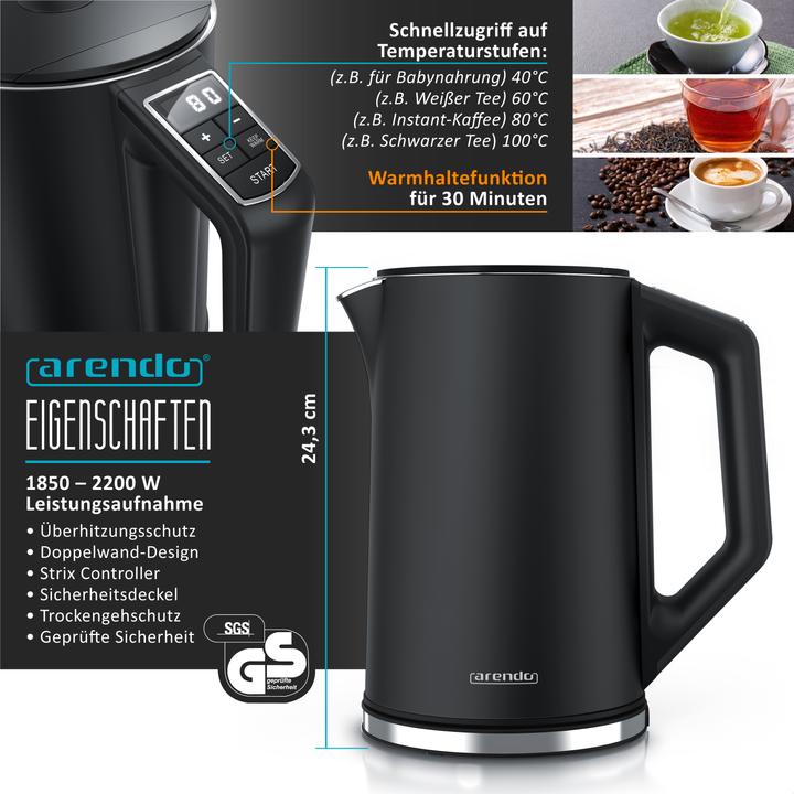 Produktbild Arendo Frühstücks Set, Edelstahl Wasserkocher 1,5l Temperaturwahl & 2-Scheiben Langschlitz Toaster, Schwarz (1.50 l)
