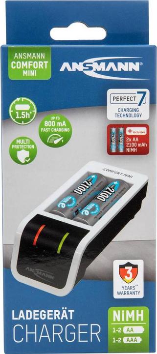 Produktbild Ansmann Comfort Mini Ladegerät inkl. 2 AA Mignon Akkus 2100 mAh (1 Stk., AA, AAA, 2100 mAh, Ladegerät inkl. Akku)
