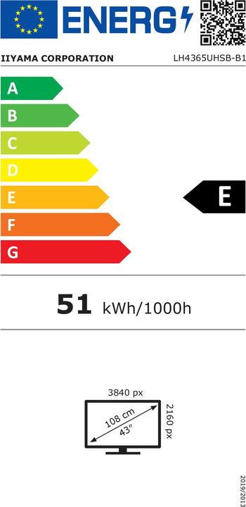 Etichetta energetica iiyama 43" 3840x2160, pannello UHD IPS, Haze 1%, 8 (3840 x 2160 pixel, 42.50")