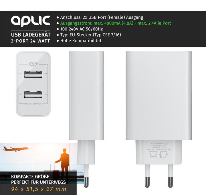 Produktbild Aplic USB Ladegerät 4800 mA, 2 Port Nezteil mit Smart Charge + Solid Charge, Leistungsstarke 24W, weiss (24 W)