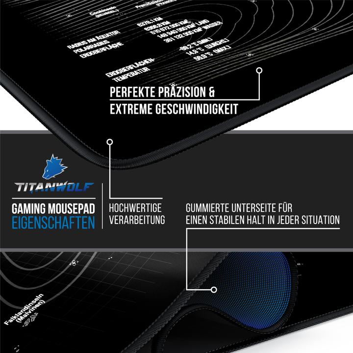 Produktbild Titanwolf Gaming Mauspad, XXXL 1500 x 800 x 3 mm Mausmatte Extralarge / Waschbar, Weltkarte (XXL)