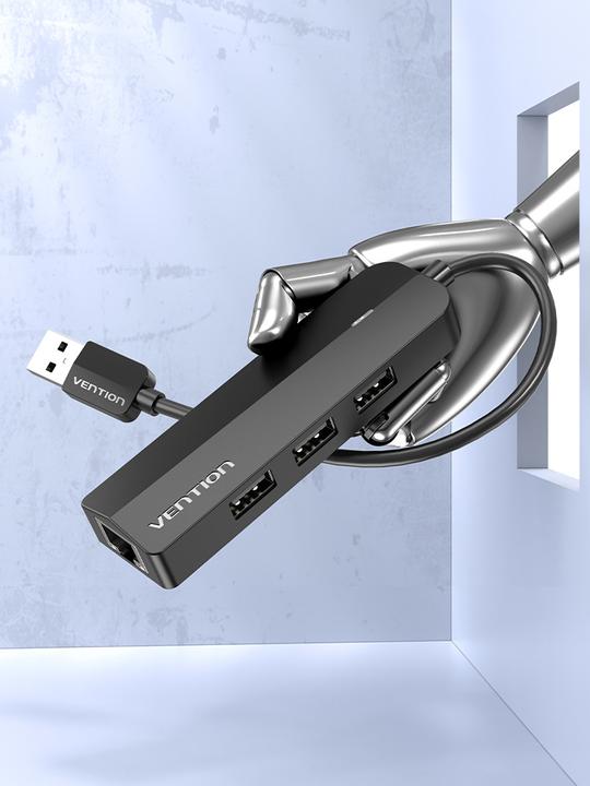 Produktbild Vention USB 2.0 3-Port Hub with Ethernet Adapter 100m CHPBB 0.15m, Black (4 Ports)