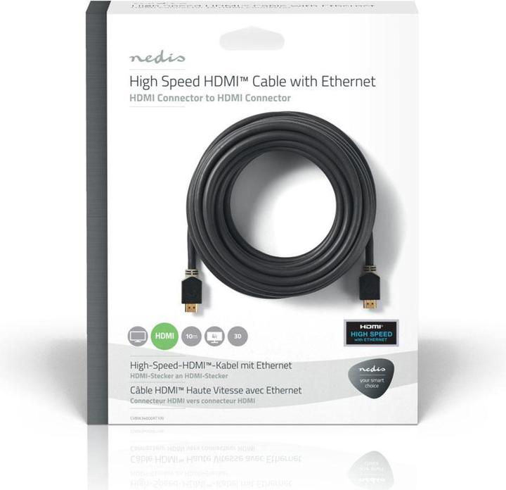 Produktbild Nedis CVBW34000AT100. Kabellänge: 10 m, Anschluss 1: HDMI Typ A (Standard), Steckverbinder 1 Geschlecht: M (10 m, HDMI)