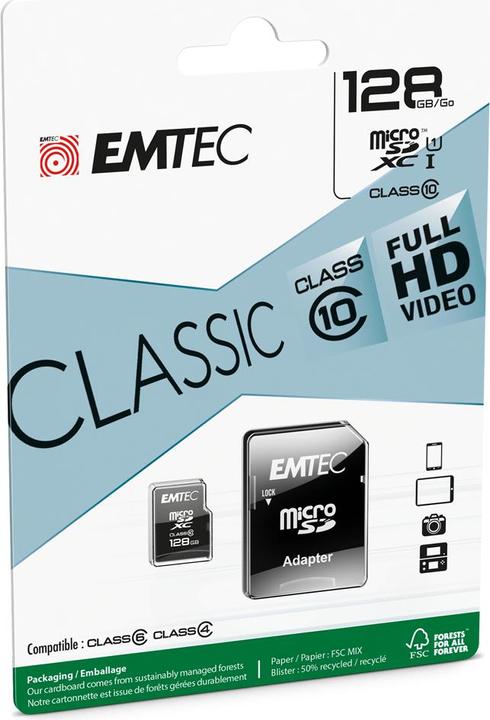 Produktbild Emtec mSD 128GB Class10 Classic (128 GB, microSDXC, U3)