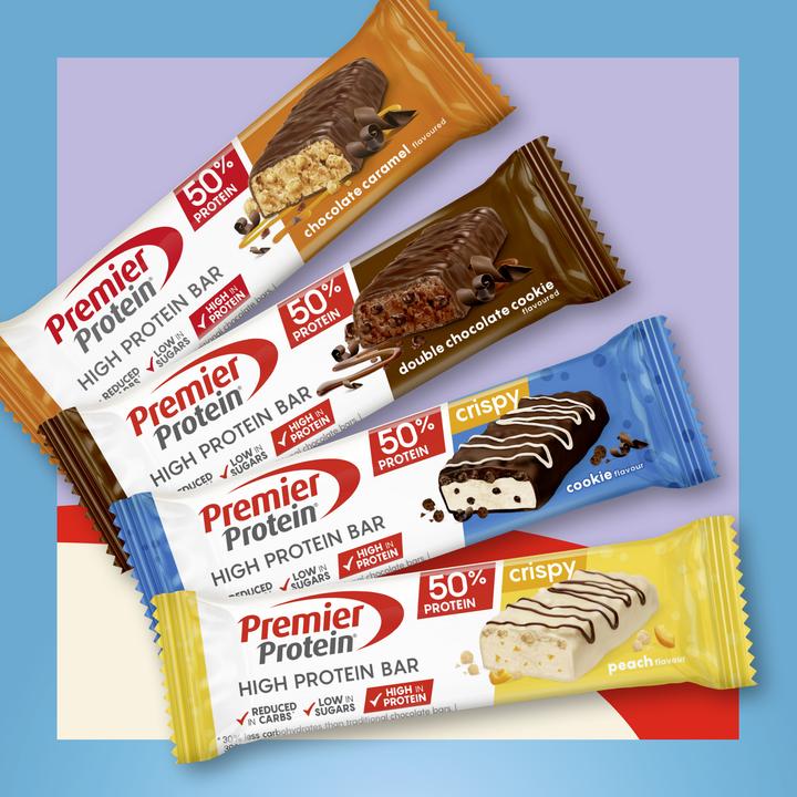 Produktbild Premier Protein Protein Bar 50% Multiflavourbox (Schokolade Keks, Pfirsich, Cookie, Schokolade Karamell, 20 Stk., 800 g)