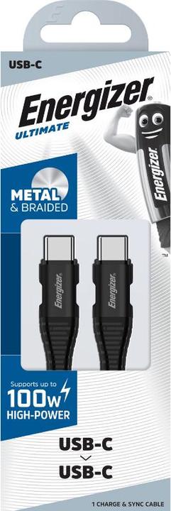 Actual product image Energizer Metal/braided nylon cable - USB-C/USB-C - 2 m, black (2 m, USB 3.0, 100 W)