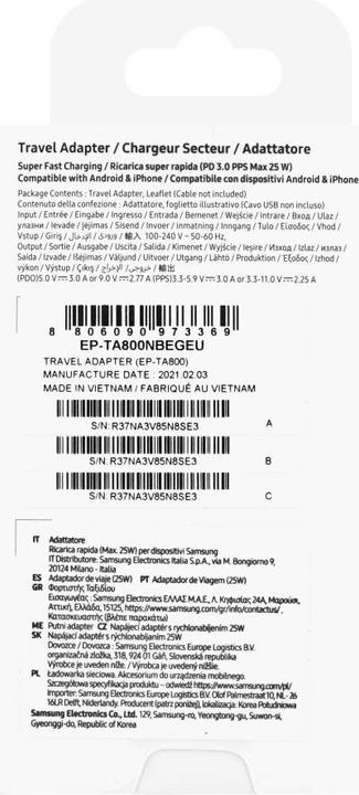 Immagine prodotto Samsung Caricatore rapido TA800N (senza cavo) (25 W)