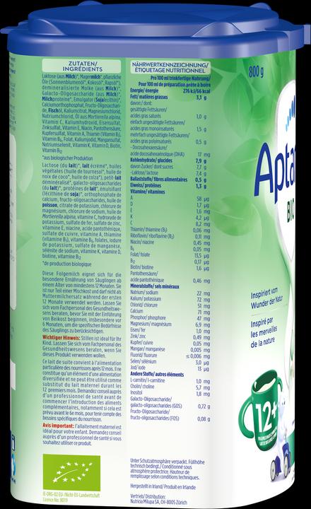 Nährwerte und Zutaten Aptamil Bio Junior 12+ (800 g, ab 12 Monaten)