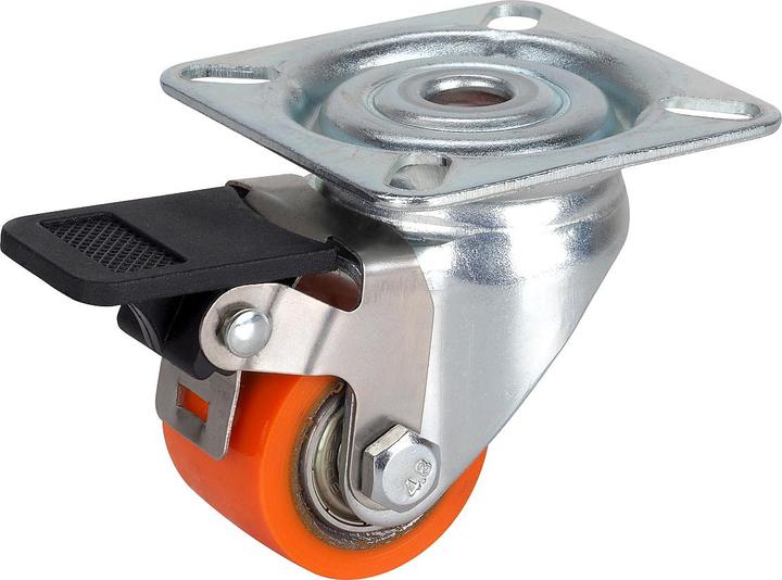 Dörner + Helmer Ruota in PU per impieghi gravosi 35x25 mm Kula, altezza 58 mm, piastra 60x60mm, portata 100kg, freno