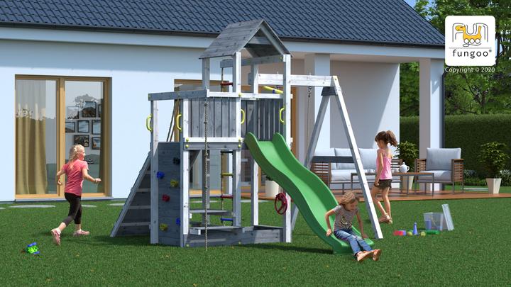 Produktbild Marimex Spielturm Play 009 Holz Metall grau wei inkl. Rutsche, 1 Brettschaukel, Fernrohr, Klettert