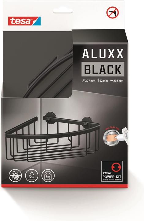 Produktbild tesa ALUXX BLACK Eck-Duschablage inkl. Klebelösung ohne Bohren (9.5 x 20.5 x 21 cm)