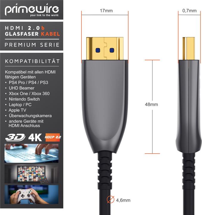 Produktbild Primewire HDMI Kabel 2.0b Glasfaser, Typ A, Ultra HD Glasfaserkabel, 3-fach geschirmt, 4K, 3D, ARC, Ethernet (50 m, HDMI)