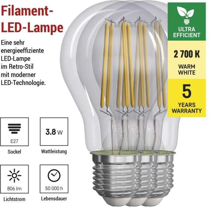 Immagine prodotto Emos Lampada LED a filamento A60 / E27 / 3,8 W (60 W) / 806 lm / Bianco caldo (E27, 3.80 W, 806 lm, 3 x, A)