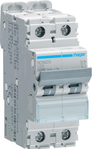 Actual product image Hager HAG NCN220 circuit breaker 2P 10kA C-20A 2M