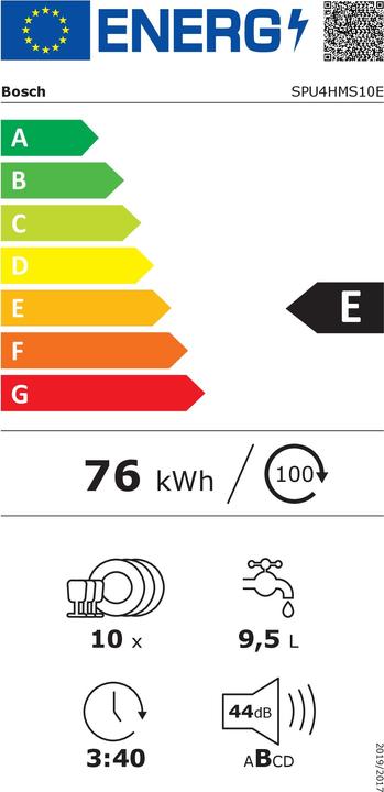 Etichetta energetica Bosch Hausgeräte Serie 4, Lavastoviglie sottopiano, 45 cm, acciaio inox, SPU4HMS10E