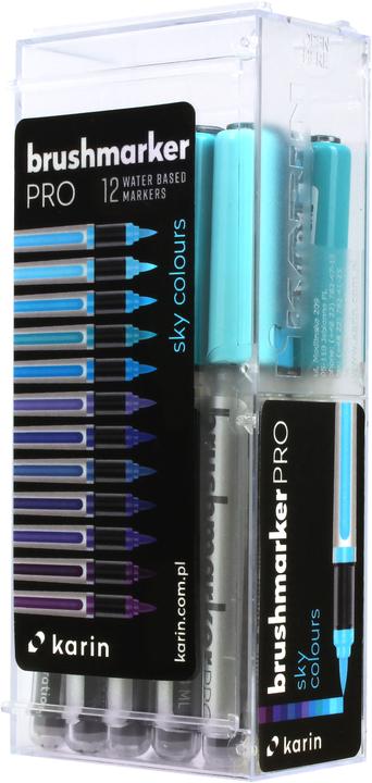 Actual product image Karin PRO - Brush Marker (sapphire blue 189, TURQUOISE 654, violet blue 688, Royal Blue 045, SKY BLUE 621, PLUM 197, arctic blue 264, indigo blue 169, cyan 207, EGYPTIAN BLUE 305, LILAC 226, Cool Aqua 204, 12 x)