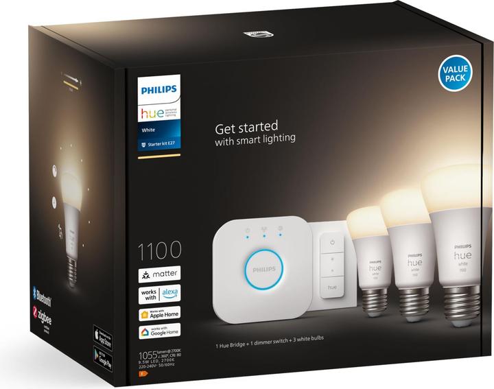 Produktbild Philips Hue White Starter Set (E27, 9.50 W, 1055 lm, 3 x, F)