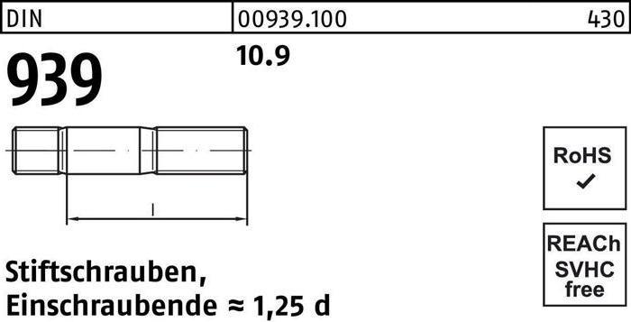 Produktbild Stiftschraube DIN 939 M 16 x 190 10.9 Einschraubende=1,25d (10 Schrauben pro Stück)