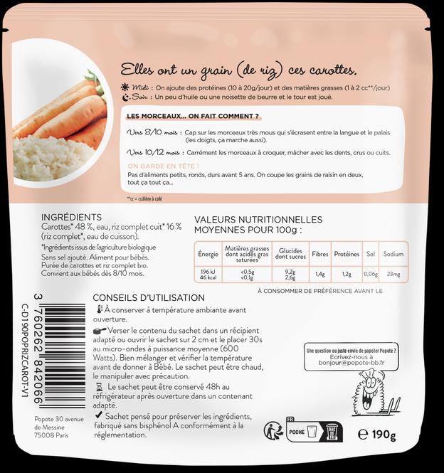 Nährwerte und Zutaten Popote Die kleinen Stückchen - Karotten und Vollkornreis BIO (190 g)