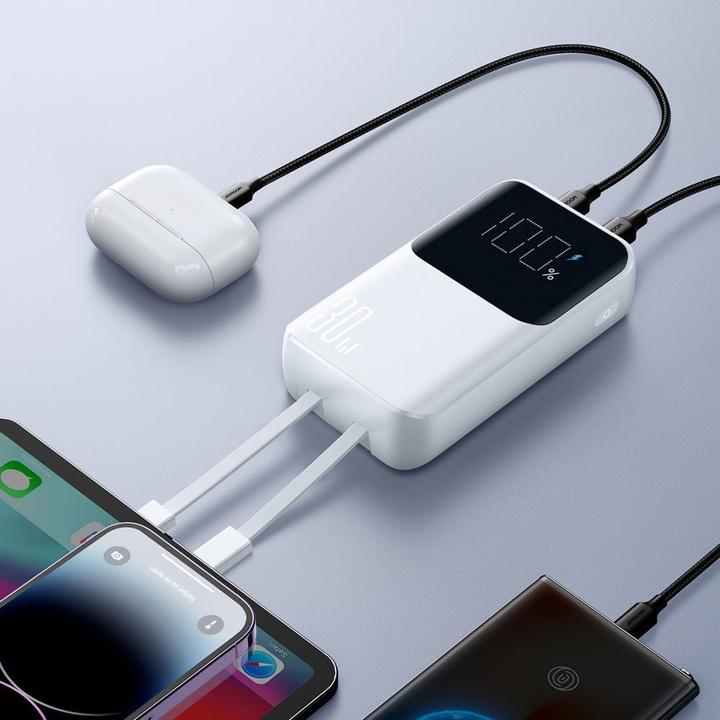 Immagine prodotto Joyroom Mini power bank da 30W 20000mAh con cavi integrati, USB-A e USB-C - Bianco (10000 mAh, 30 W, 37 Wh)