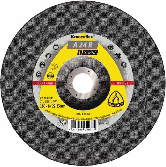 Image du produit Klingspor Disque à ébarber A 24 R Supra D180xS8mm coudé acier alésage 22,23 mm
