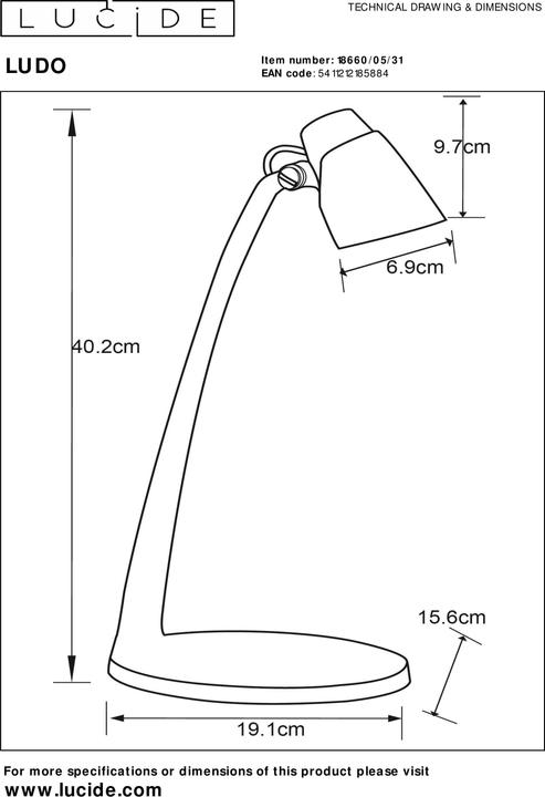 Image du produit Lucide LUDO - Lampe de bureau - LED - 1x4,5W 3000K - blanc 18660/05/31 (350 lm)