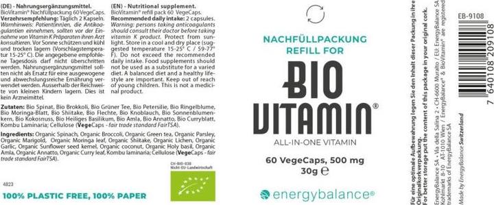 Valeurs nutritives et ingrédients Energybalance Recharge de multivitamines Bio Vitamin 500mg (60 pièce(s), Capsules, 500 g)