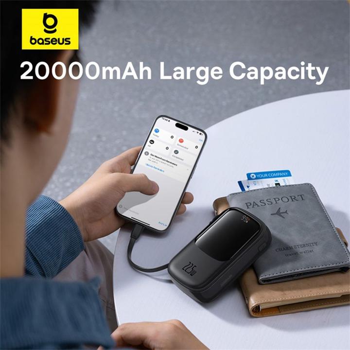 Actual product image Baseus Qpow Pro+ 20000mAh 22.5W powerbank with built-in USB-C cable and display - black (20000 mAh, 22.50 W, 74 Wh)
