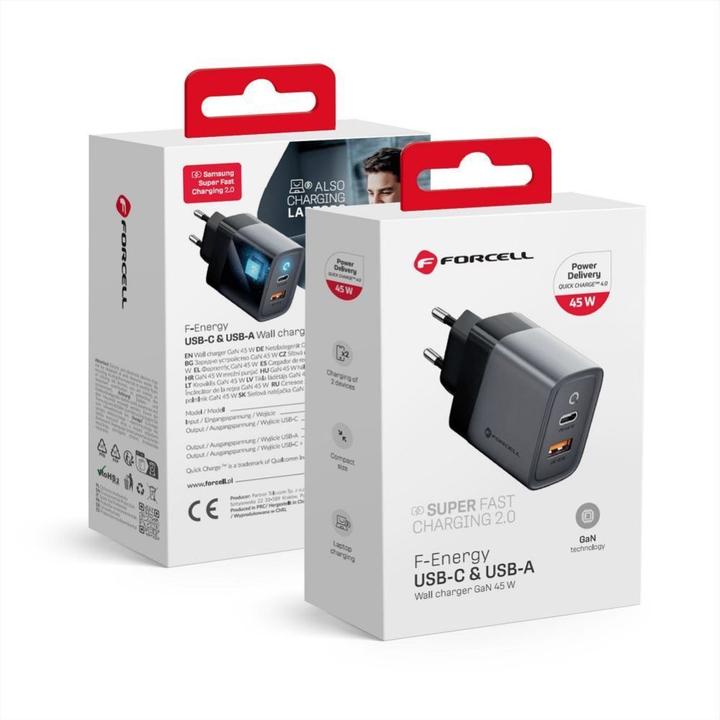 Produktbild Forcell Adapter F-ENERGY GaN VT-39 Reiseladegerät Typ C + USB A PD QC4.0 4A 45W grau (45 W)