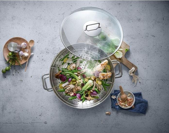 Productafbeelding WMF Wok Set 4st Wok Pan 36cm 4,5l Glazen Deksel Inductie Roestvrij Staal (36 cm, Wokpan, Roestvrij staal)